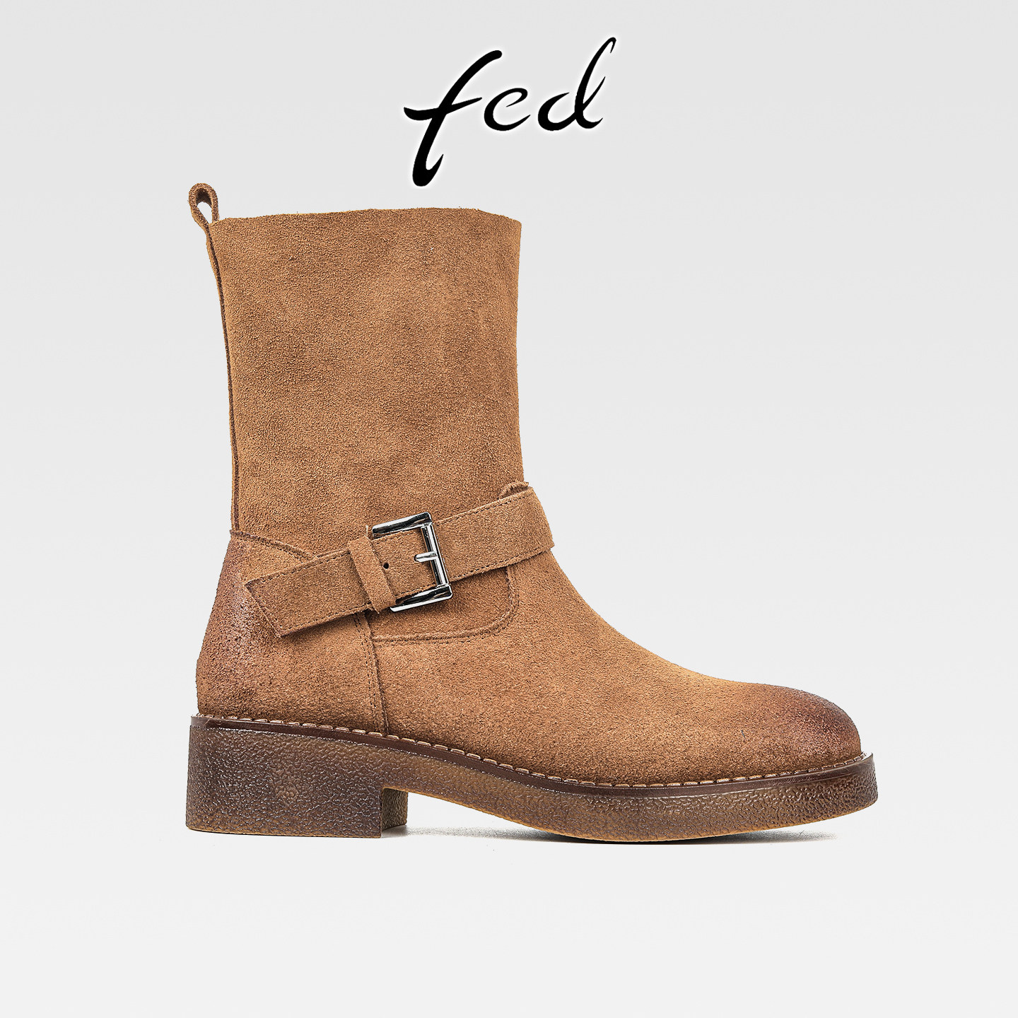 fed复古擦色牛反绒厚底皮带扣西部靴女秋冬新款中跟圆头宽筒短靴