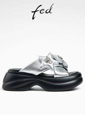 fed银色交叉带半拖夏季新款女鞋松糕底沙滩凉拖鞋女款D0428-YA665