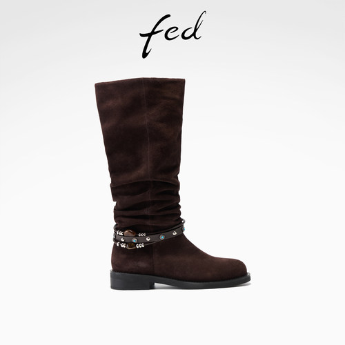 fed时尚堆堆靴冬季新款女靴复古西部靴骑士长靴女款S1107-YAB305