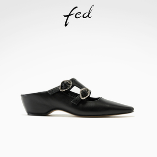 fed坡跟凉拖春季新款女鞋黑金双奏拖鞋真皮气质穆勒鞋女款YAB096