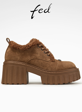 fed复古毛毛鞋春季新款女鞋绒面牛津鞋增高小皮鞋女D1206-YAB007