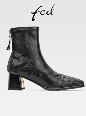 fed复古羊皮粗跟弹力瘦瘦靴女秋冬款后拉链方头高跟巨好看小短靴