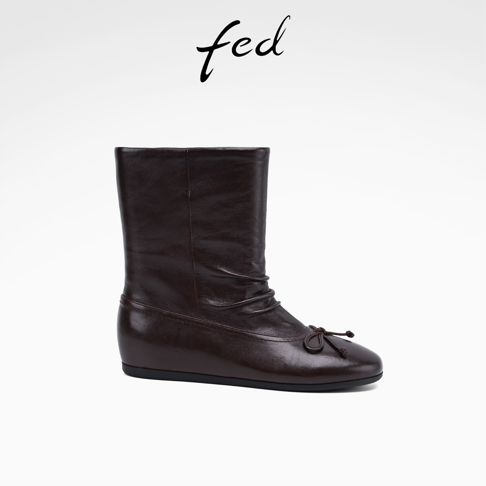 fed真皮坡跟增高骑士靴