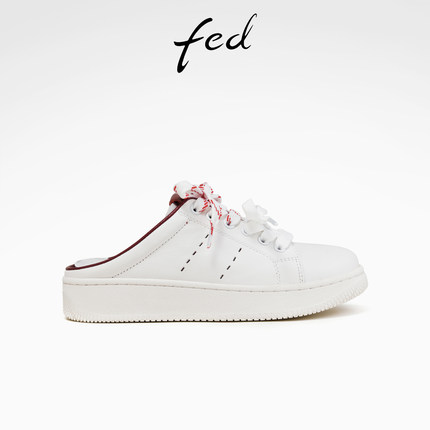 fed真皮半拖夏季新款女鞋厚底小白鞋简约透气懒人鞋女S0515-YA596