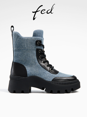 fed厚底马丁靴冬季新款靴子机车靴牛仔拼接短靴女款R1014-YAB172
