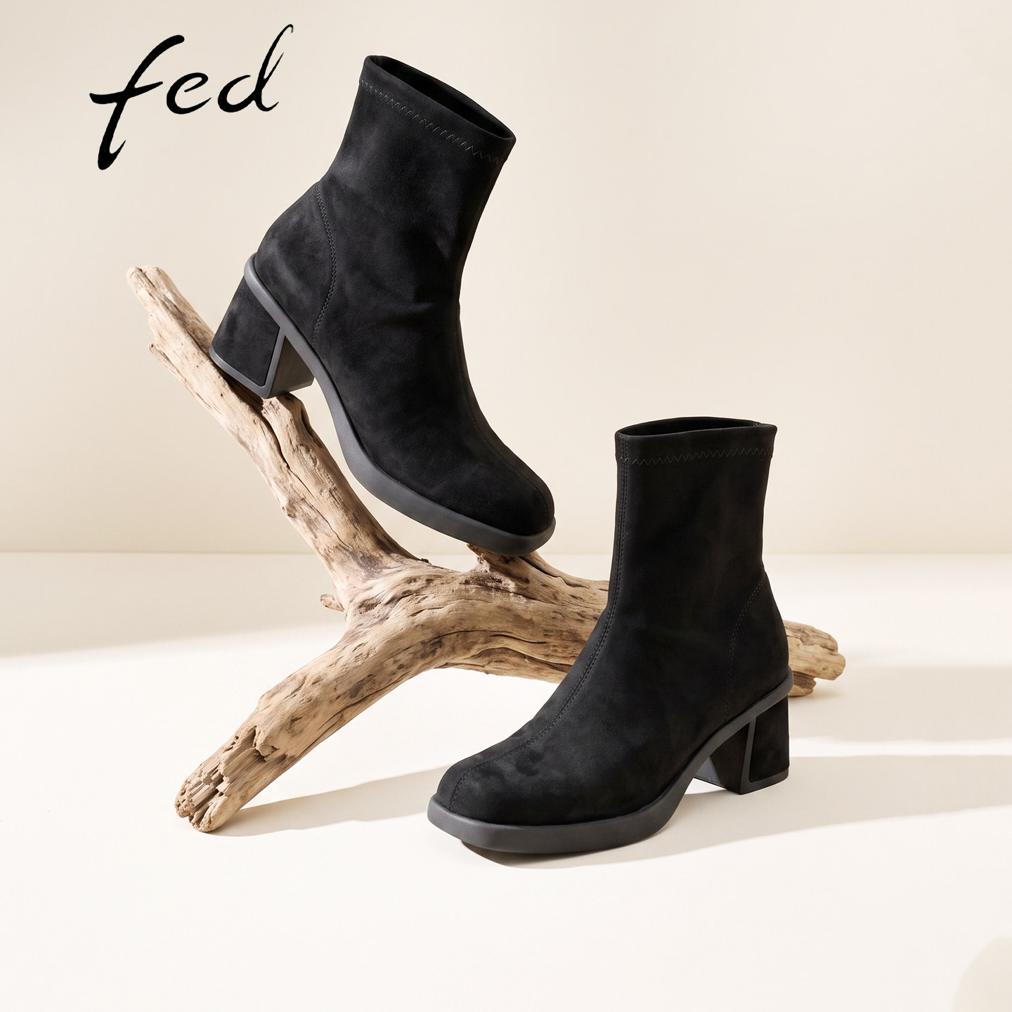 fed真皮粗跟增高中筒弹力女靴