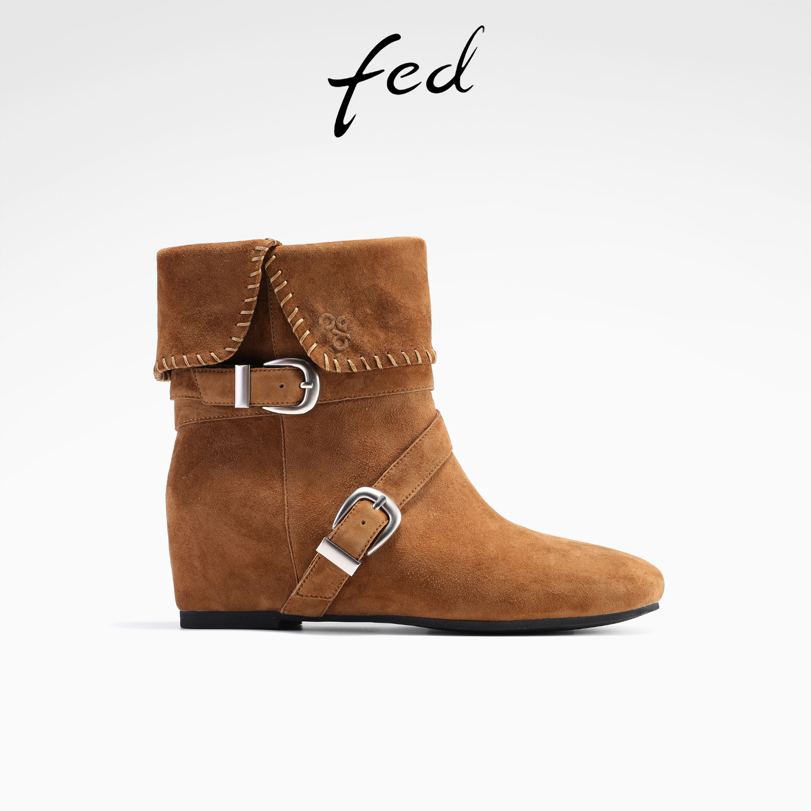 fed复古西部靴冬季新款女靴翻盖时装学内增高短靴女S0930-YAB960