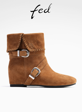 fed复古西部靴冬季新款女靴翻盖时装学内增高短靴女S0930-YAB960
