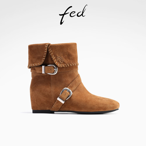 fed复古西部靴冬季新款女靴翻盖时装学内增高短靴女S0930-YAB960
