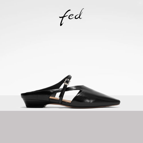 fed黑色包头拖夏季真皮半拖女款