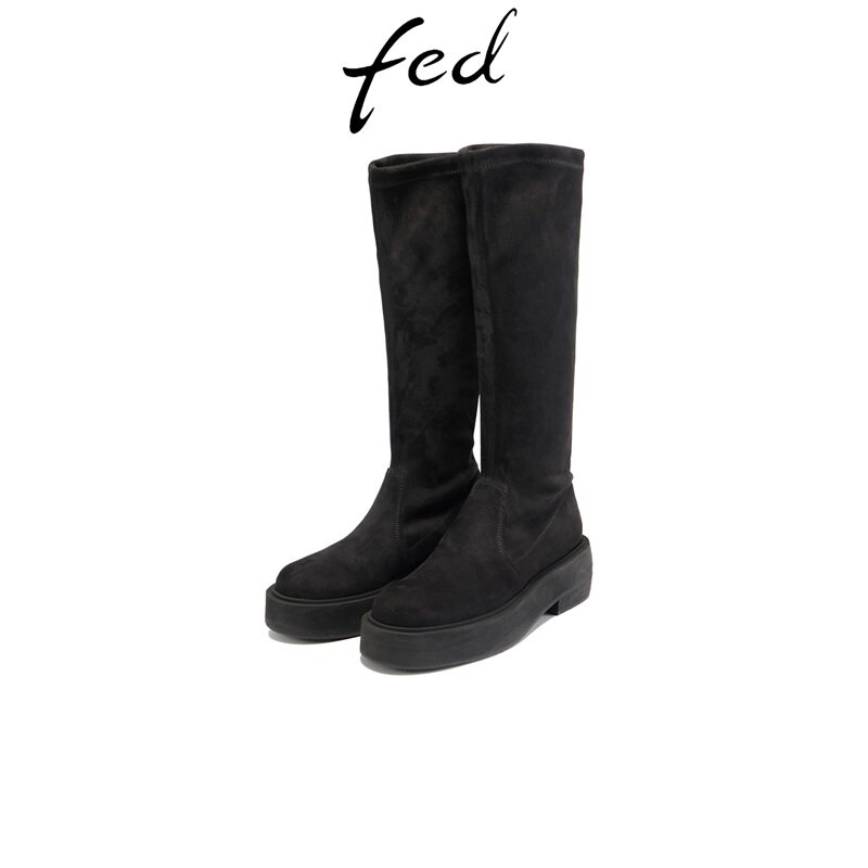 fed真皮厚底增高瘦瘦长筒靴