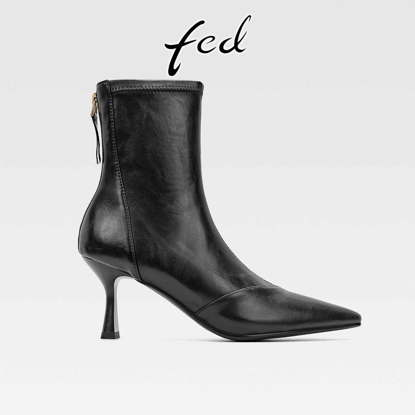 fed法式复古真皮细跟弹力瘦瘦靴女秋冬款后拉链气质尖头高跟短靴