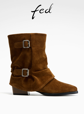 fed粗跟西部靴冬季新款女靴时尚裤管靴皮带扣短靴女款S1031-ZC253