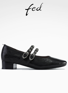 fed粗跟小皮鞋冬季新款女鞋真皮单鞋气质玛丽珍鞋女款S1015-ZF358