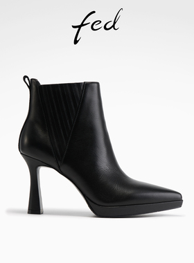 fed高跟时装靴女冬季新款女靴气质真皮靴黑色短靴女款S1104-YA068