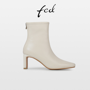 fed法式 后拉链气质方头高跟小短靴 复古真皮粗跟瘦瘦靴女秋冬新款