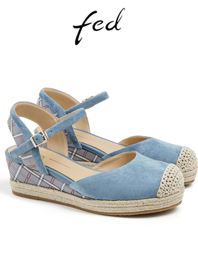 fed麻边凉鞋夏季新款女鞋一字带凉鞋后空渔夫鞋女款S0321-ZFA375