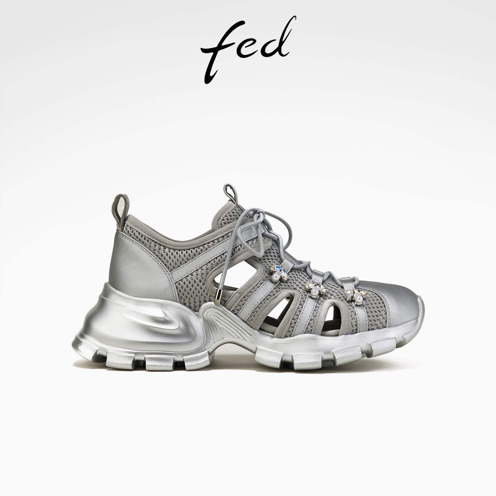 fed银色运动鞋春季新款女鞋镂空休闲鞋厚底溯溪鞋女S0208-YAB292