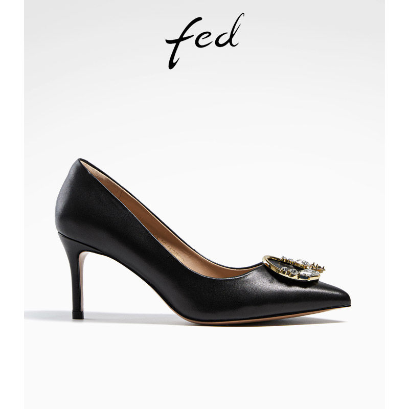 fed黑色高跟鞋春季新款女鞋尖头细跟单鞋女士浅口鞋子r0316-zf031