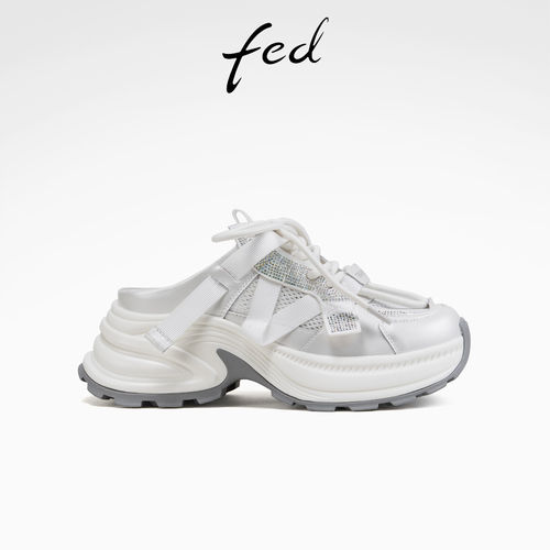 fed厚底增高透气后空半拖女鞋