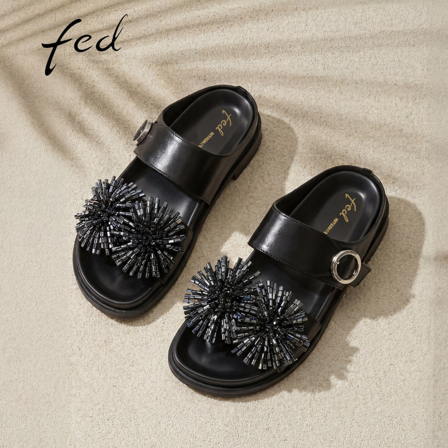fed黑色烟花厚底增高真皮凉鞋女