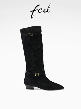 fed粗跟高筒靴女冬季新款女靴绒面长靴黑色堆堆靴女款S1009-CA012