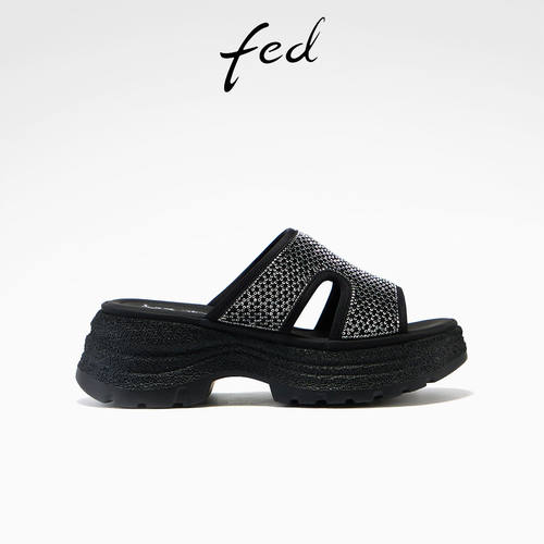 fed黑色闪钻厚底增高女款一字拖