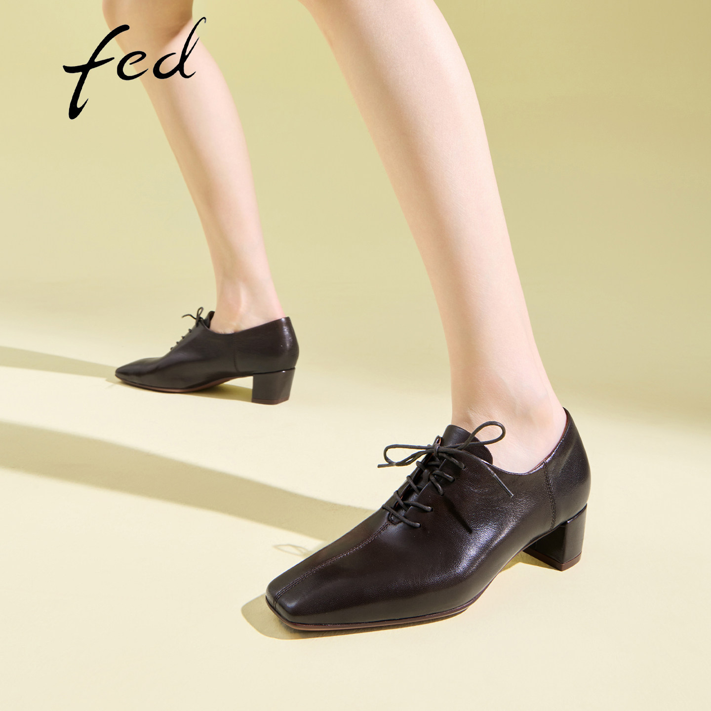 fed真皮方头粗跟增高德比鞋女
