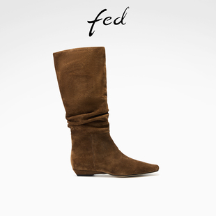 S1031 女靴高筒西部靴平底长靴女款 YAB019 新款 fed复古堆堆靴冬季