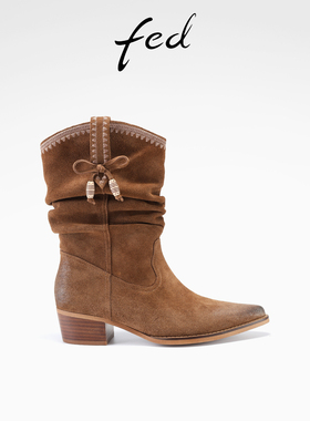 fed薄底时装靴冬季新款女靴绒面西部靴真皮堆堆靴女S0930-YAB089