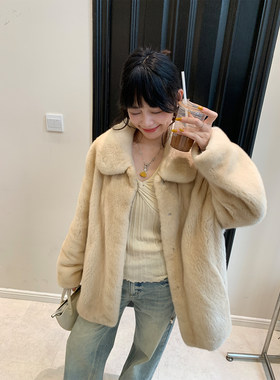 FANGLI方梨 新款翻领天鹅绒貂皮大衣整貂中长水貂毛毛皮草外套女