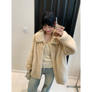 FANGLI方梨 新款翻领天鹅绒貂皮大衣整貂中长水貂毛毛皮草外套女