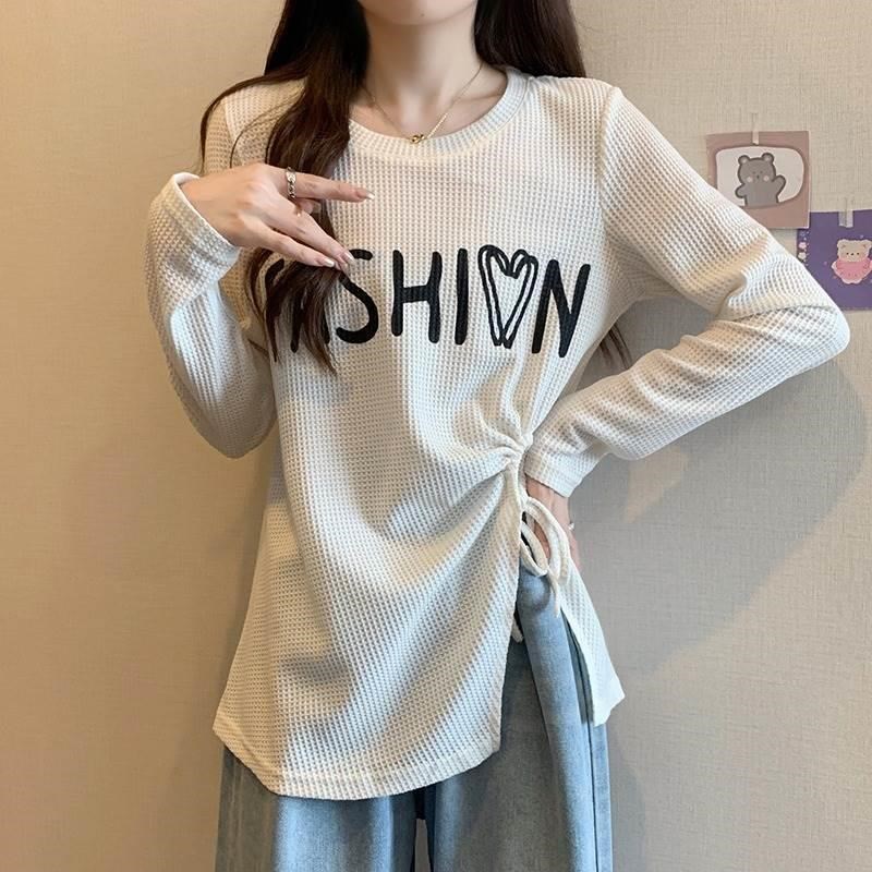 大码女装c秋季中长款正肩抽绳长袖T恤胖mm遮肚显瘦不规则开叉上衣
