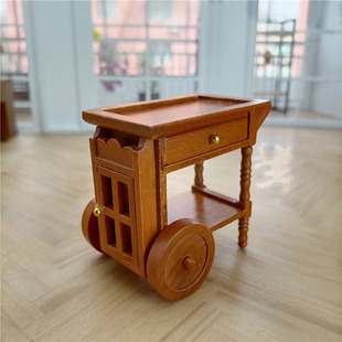 12家具微缩场t景木制棕色复古餐车餐厅迷你手推车模型道 娃娃屋1
