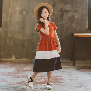 亲子童装 女童长裙过膝夏季 韩版 三色拼接款 洋气新款 儿童棉质连衣裙