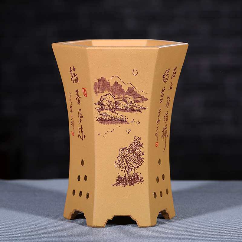 宜兴紫砂盆高档精品段泥小花盆全手工刻绘名家李超花盆掌上赏玩盆