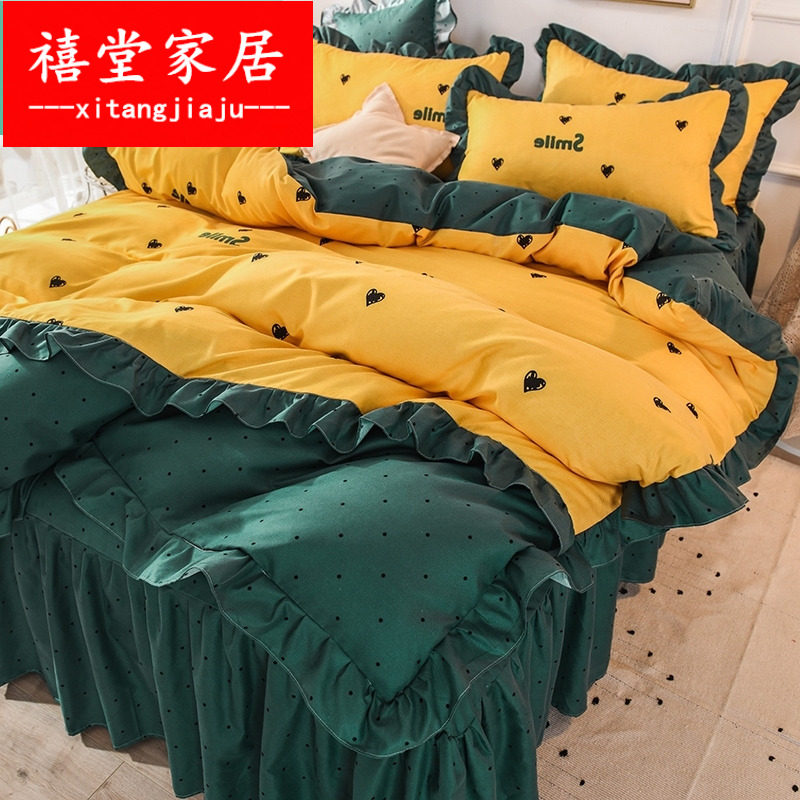 床上纯棉花边带床套被套公主风用品床罩式四件套全棉床裙双人韩版_虎窝淘