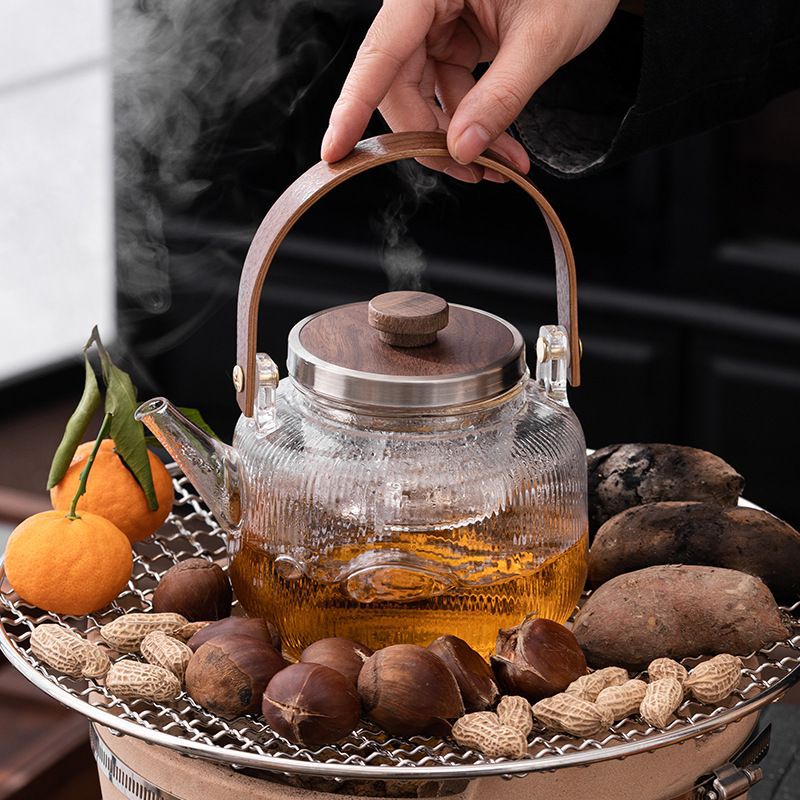 蒸煮两用竖纹泡茶壶 家用胡桃木透明玻璃茶壶高硼硅可明火电陶炉