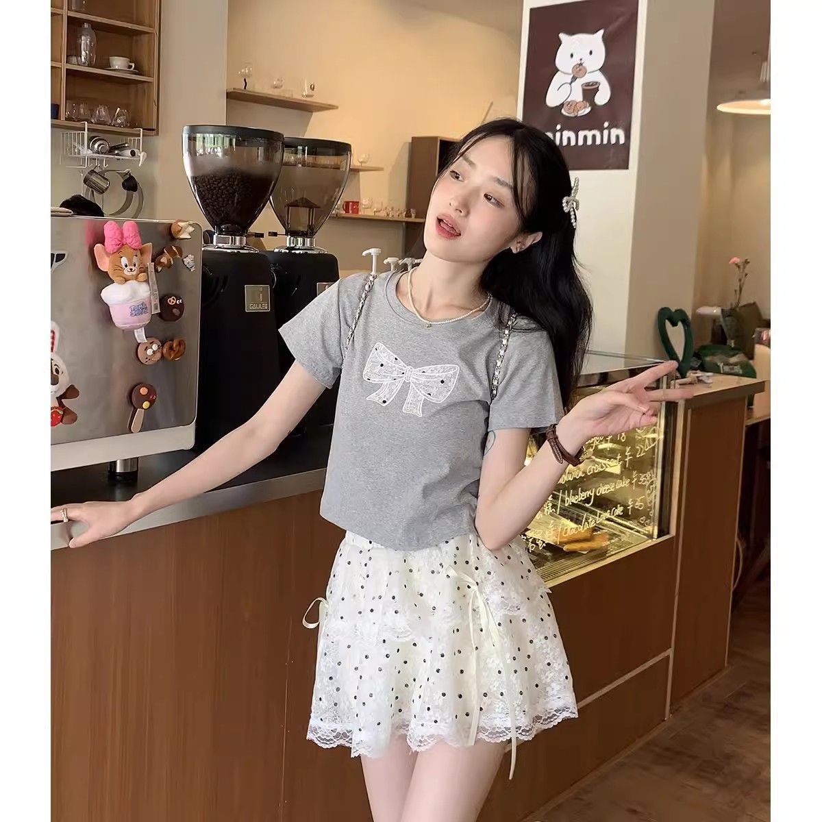 陆小团团正肩短袖T恤半身裙套装女2024夏季新韩系钓系穿搭两件套