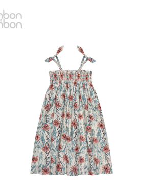 bonbon et bonbon连衣裙儿童浪漫花朵度假连衣裙夏日棉麻女童碎花