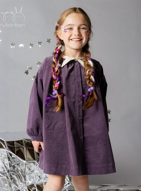 bonbon et bonbon 儿童葡萄紫系结廓型灯芯绒连衣裙撞色领结复古