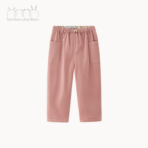 bonbon et bonbon儿童粉色双侧贴袋温软加绒灯芯绒裤复古浪漫
