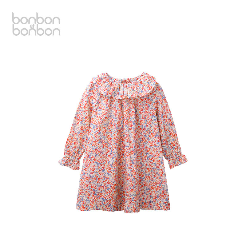 bonbon et bonbon连衣裙女童纯棉小浆果碎花荷叶边长袖连衣裙法式