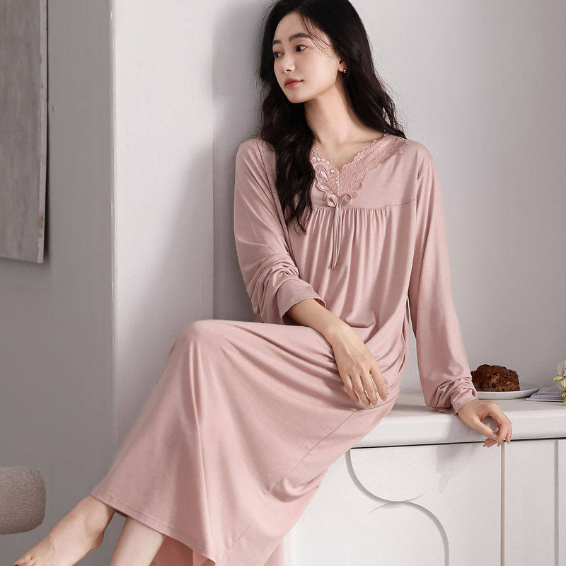莫代尔棉睡裙女春秋季长袖中长款睡衣裙中青年女士休闲大码家居裙