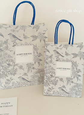复古蓝色花鸟集牛皮纸袋礼物袋 ins高级感奶茶甜品打包袋购物袋