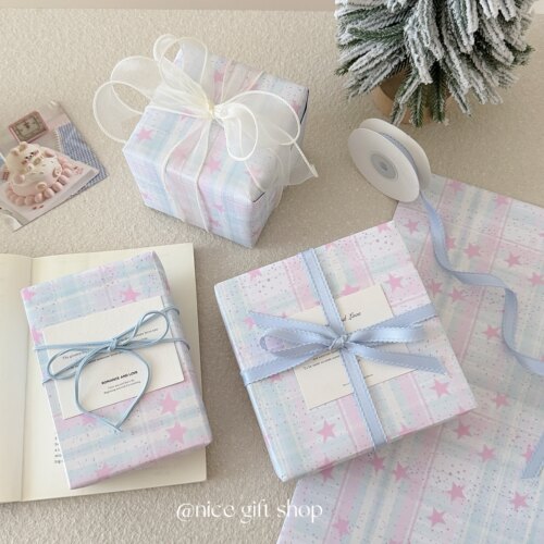 ins风高颜值韩系格纹星星包装纸节日装饰礼物打包纸出卡内衬打底