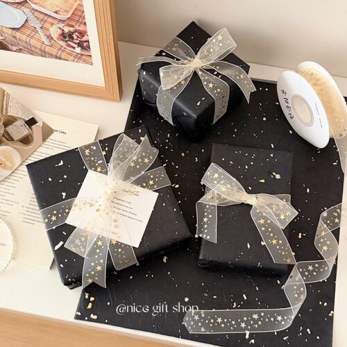 高级感黑色洒金包装纸防水微透花艺装饰纸节日礼品纸情人节送男友