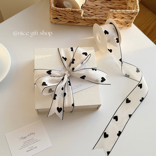 ins小香黑色植绒爱心丝光雪纱丝带礼物包装 绑带高级感花艺打包绳