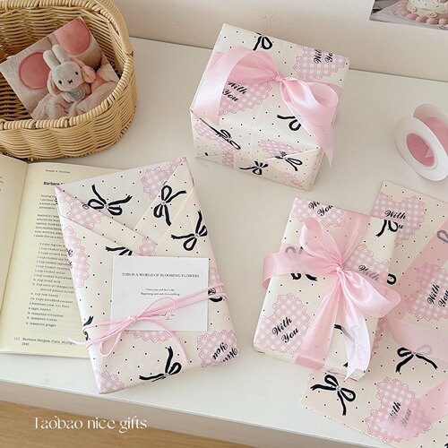 浪漫粉色甜心蝴蝶结包装纸高颜值生日礼物牛皮纸with you送给女友