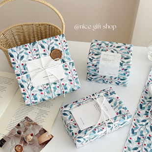 送男友 纸氛围感礼品打包内衬纸ins 复古蓝叶子雪梨纸节日礼物包装